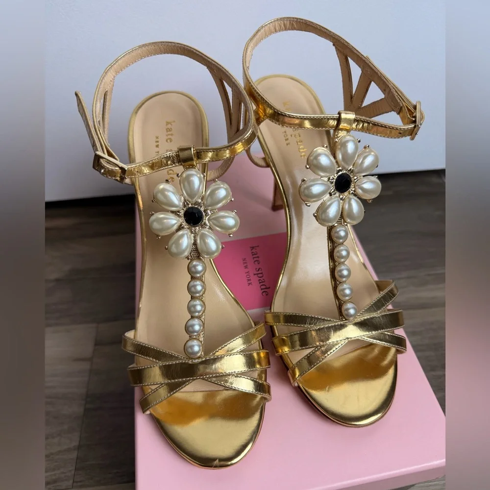 RARE Kate Spade Made In Italy Gold Pearl‎ Floral Heels 8.5B Stiletto